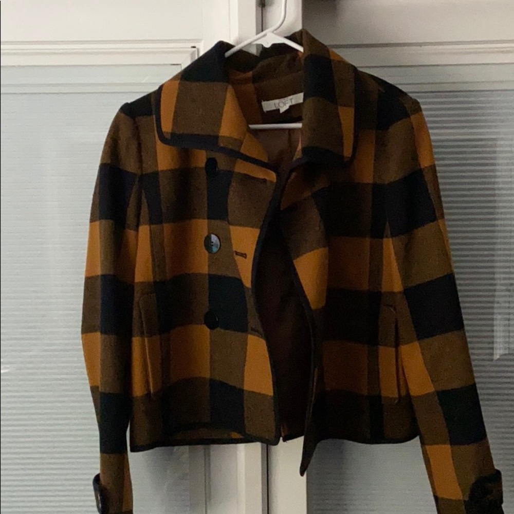 LOFT Black and Brown Plaid Pea Coat